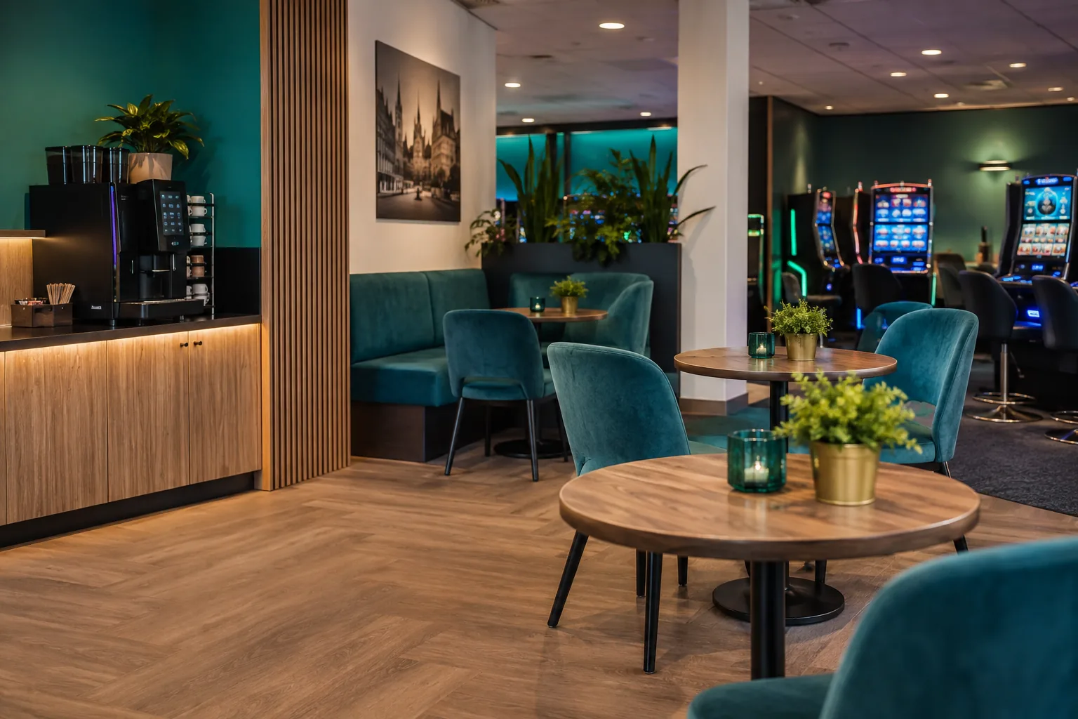 Eenvoudig koffiehoekje met tafels en stoelen naast de speelruimte